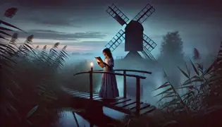 Una chica vestida con un traje del siglo XIX se encuentra en un puente de madera al anochecer, leyendo una carta en voz alta mientras un molino de viento se alza imponente detrás de ella.