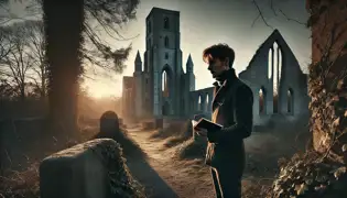 Erik Norberg explora las ruinas de la Iglesia de San Clemente mientras el sol poniente proyecta sombras inquietantes sobre la antigua piedra.