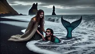 Sigrún se arrodilla en una playa de arena negra, sacando a un enigmático tritón de las olas. Su cola resplandeciente brilla bajo la luz de la luna.