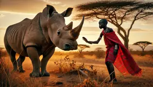 Amani, un joven guerrero maasai, extiende cautelosamente su mano hacia Baraka, un imponente rinoceronte blanco del norte, al atardecer.