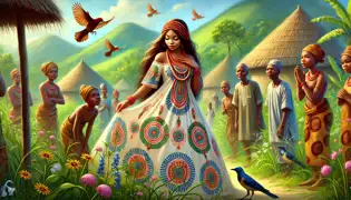 Adanne se encuentra en una exuberante aldea nigeriana, rodeada de aldeanos que la admiran y temen a la vez, mientras las aves y las flores parecen responder a su presencia.