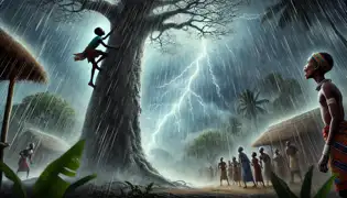 La joven Nyamazana trepa por un imponente baobab en medio de una feroz tormenta eléctrica, mientras relámpagos iluminan a los aterrados habitantes del pueblo que están abajo.