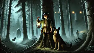 Ionuț, un joven pastor, se encuentra al borde de un denso bosque iluminado por la luna, sosteniendo una linterna mientras la niebla danza a su alrededor.