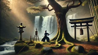 Masaru practicando posturas con la espada bajo un antiguo pino junto a la Cascada Kirisame