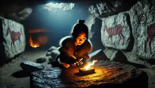 Kai explora una cueva oscura y descubre una brasa resplandeciente sobre un pedestal de piedra, rodeada de antiguas pinturas rupestres.
