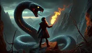 ¡Kai se encuentra en la cima de una montaña, frente a la gigantesca serpiente Ga-Gorib, levantando la brasa resplandeciente mientras la primera luz rompe el horizonte!
