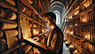 Un joven erudito, Andrei Munteanu, estudia un antiguo manuscrito en los archivos tenuemente iluminados del Monasterio de Putna, en Rumanía.