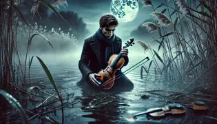 Lukas Eisenberg se arrodilla junto al Danubio por la noche, descubriendo un violín misterioso entre los juncos bajo la luz de la luna.
