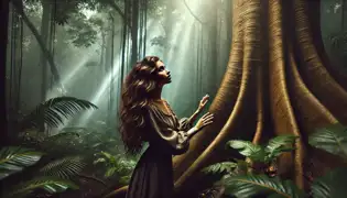 Elina Toussaint, una joven vestida con un atuendo tradicional, extiende la mano para tocar la corteza luminosa del enorme árbol del pan.