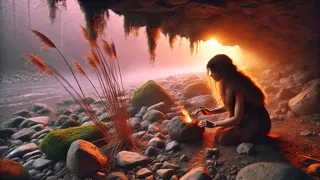 Una joven golpeando piedras de sílex juntas antes del amanecer, con chispas parpadeando sobre juncos secos.