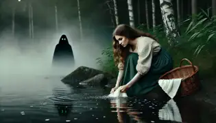 Una joven con rizos castaños está arrodillada junto a un lago oscuro, lavando sábanas, sin darse cuenta de unos ojos verdes brillantes que la observan desde debajo del agua.
