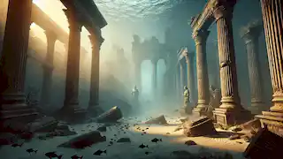 Las ruinas de Atlántida, sumergidas bajo el agua, se iluminan con la luz del sol mientras los peces nadan entre las antiguas estructuras.