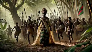 La reina Nzinga liderando a sus tropas en batalla en los espesos bosques de Ndongo, utilizando tácticas de guerrilla contra los portugueses.