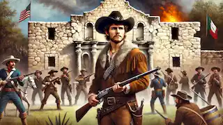 La última defensa de Davy Crockett en el Álamo, sosteniendo su rifle con una expresión resuelta.