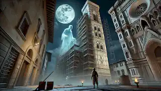 Uma figura fantasmagórica do espírito de Giotto aparece à noite nos andaimes do Campanário enquanto Luca observa com medo.