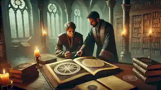 El Hechicero y Lukas estudian juntos el Grimorio de los Ancianos en la torre.
