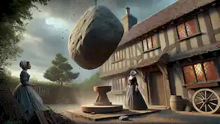 Una piedra de molino cae del cielo y golpea a la sorprendida madrastra que se encuentra afuera de una casa medieval, junto a un árbol de enebro.