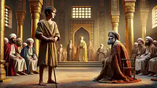 El humilde pastor Arash se presenta ante el trono del rey Shahrokh en un majestuoso palacio persa.