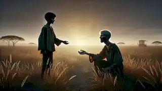 José extiende su mano hacia El Silbón, que se encuentra de rodillas al amanecer, mientras las llanuras se iluminan suavemente con la luz matutina.