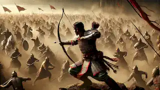 Sunjata Keita en la Batalla de Kirina, disparando una flecha encantada hacia Soumaoro Kanté en medio de una intensa batalla.