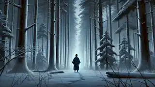 Minokichi se encuentra solo en un bosque cubierto de nieve al anochecer, llamando a Oyuki mientras las sombras se hacen más profundas a su alrededor.