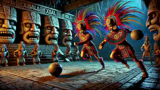 Hunahpú y Xbalanquë triunfan en un juego de pelota contra los dioses de Xibalbá.
