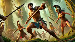 Heracles lucha contra las guerreras amazonas en un bosque, blandiendo su garrote en medio de una feroz batalla.