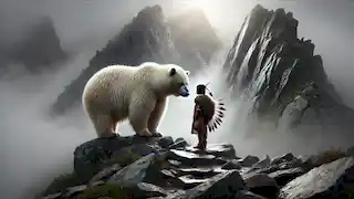 Un joven niño nativo americano se encuentra con el imponente oso espiritual blanco en la cima de una montaña cubierta de niebla.