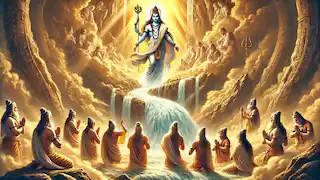 El descenso del río Ganges desde el cabello de Shiva, mientras los Siete Sabios la guían hacia la Tierra bajo la luz divina.