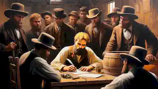 Ned Kelly, der berühmte australische Outlaw, sitzt an einem einfachen Tisch in einem rustikalen Raum und verfasst seinen legendären Jerilderie-Brief. Um ihn herum versammeln sich seine Gangmitglieder, die gespannt auf das hören, was er zu Papier bringt. Das Licht ist schummrig, und die Wände des Raumes sind aus groben Holzlatten. Die Atmosphäre ist von Aufregung und Anspannung geprägt, während die Männer ihm zuhören, wie er seine Gedanken und Pläne niederschreibt.