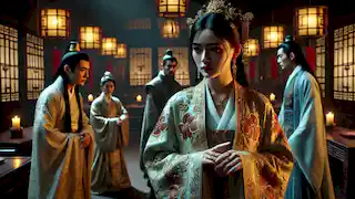 Diao Chan em um quarto do palácio, manipulando Dong Zhuo e Lü Bu com sua beleza entre lanternas brilhantes.