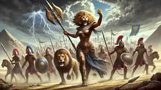 Sekhmet, en forma de leona, liderando a los guerreros egipcios en la batalla a través del desierto, mientras nubes de tormenta se reúnen sobre sus cabezas.