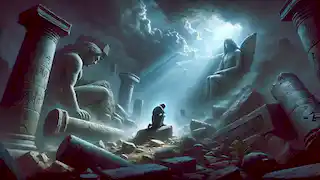 Élie s'agenouille dans une ruine désolée sur la Cinquième Montagne, tandis qu'une lumière divine perfore des nuages sombres.