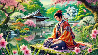 Genji reflexionando sobre la vida en los jardines del Rokujo-in.