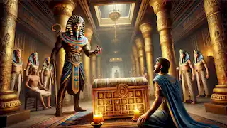 Seth invita a Osiris a un banquete, mientras se encuentra al lado de un cofre decorado con joyas en un palacio egipcio.