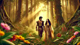 María Makiling y el Capitán caminan juntos por un bosque vibrante, lleno de flores y bañado por la cálida luz del sol.