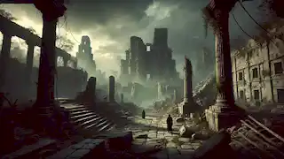 Las ruinas de la ciudad caída de Tula, con templos en ruinas y enredaderas crecidas bajo un cielo oscuro y nublado.