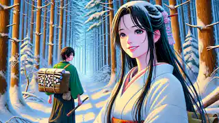 Minokichi se encuentra con Oyuki en un bosque cubierto de nieve; ella sonríe cálidamente, vestida con un kimono blanco, mientras él se acerca con cautela.