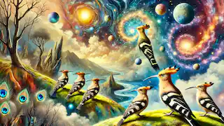 Los pájaros, llenos de asombro y confusión, se encuentran en un paisaje surrealista, guiados por el abubilla.