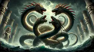 Formas serpentinas de Tezcatlipoca y Quetzalcóatl luchando contra el monstruo marino Cipactli.