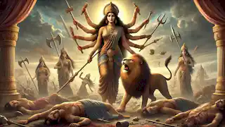 Durga se tient victorieuse avec ses armes, entourée des généraux vaincus de Mahishasura, tandis que son lion rugit.