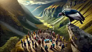 Kuntur se posó en un alto acantilado, observando a las personas en el valle de abajo, donde los niños sostenían dibujos de cóndores.