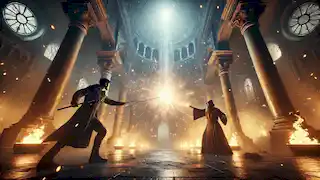 Dos poderosos magos se enfrentan en un gran salón, mientras chispas de magia y energía vuelan a su alrededor.