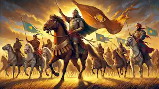 Bakhtiyar Khan lidera una confederación kazaja unida a caballo, sosteniendo un estandarte, mientras los guerreros avanzan en formación.
