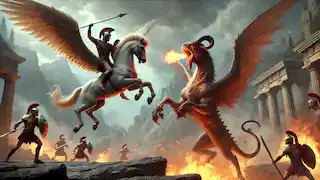 Bellerophon reitet im Flug auf Pegasus und wirft einen Speer auf die feuerspeiende Chimära darunter, in einer rauen und rauchigen Landschaft.