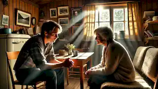 Mikael Blomkvist escucha a Harriet Vanger en una cabaña cálida y acogedora, con la luz del sol filtrándose a través de las ventanas.