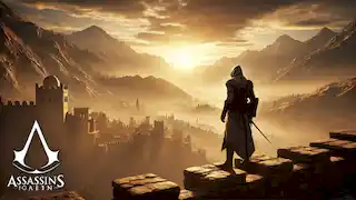 Altair se encuentra solo en las murallas de Masyaf, contemplando el paisaje iluminado por el ocaso tras su batalla final.