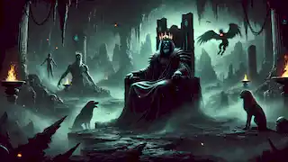 Hades en un oscuro trono con Cerbero a su lado, rodeado de bruma y almas errantes en el inquietante Inframundo.