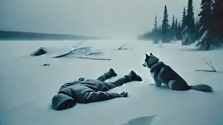 El hombre yace inmóvil en la nieve, su cuerpo cubierto de escarcha, mientras el husky observa en silencio.