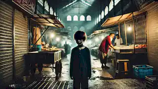 Un niño está de pie en un bazar casi vacío, mostrando decepción mientras las luces tenues proyectan largas sombras sobre los puestos.